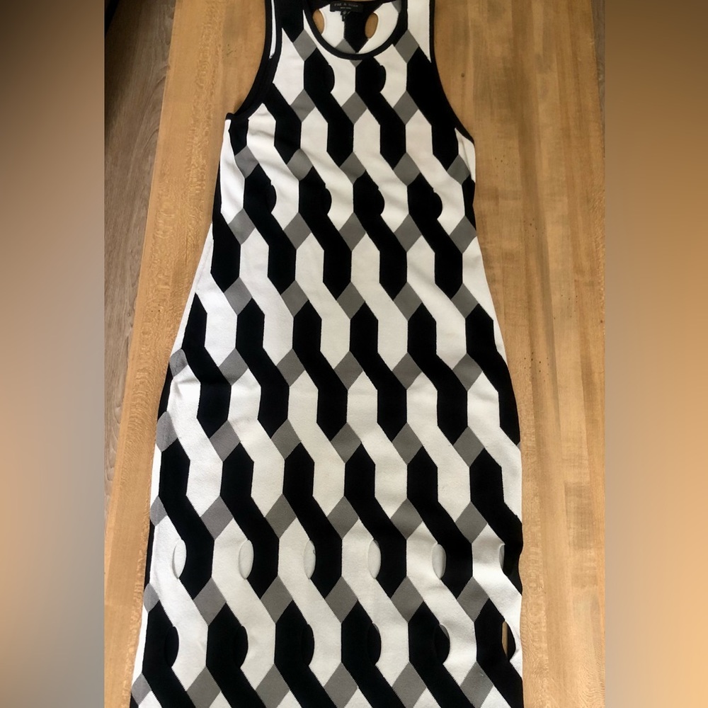 RAG & BONE Black & White Knit MIDI Dress with cut-outs.